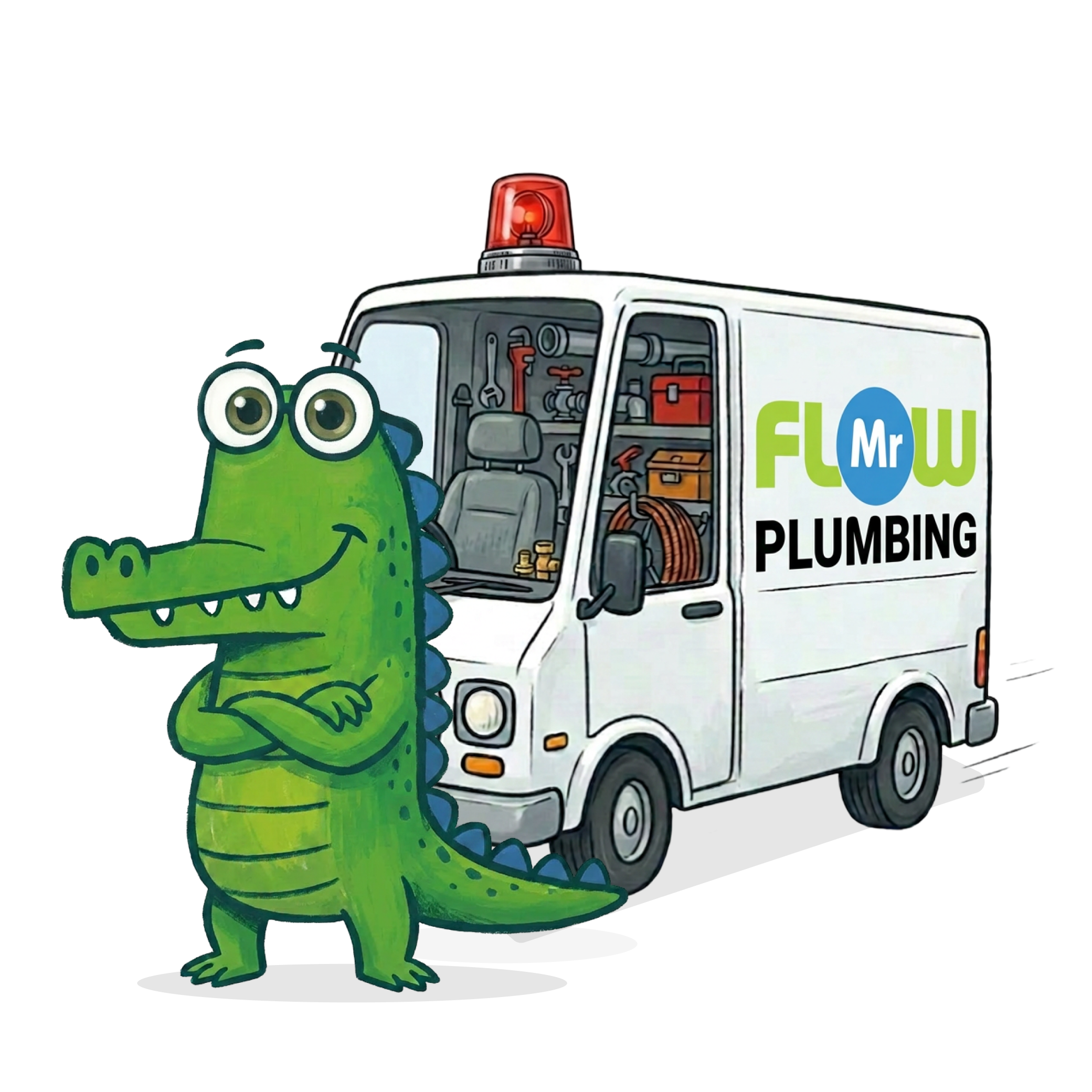 Mr Flow crocodile mascot with the emergency plumbing van